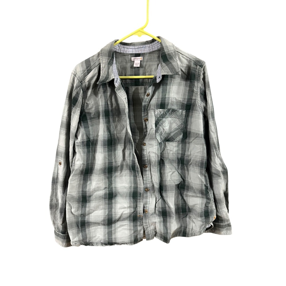 Carhartt Womens Plaid Button Down Shirt Green Grey Roll Tab Sleeve Large 12/14‎